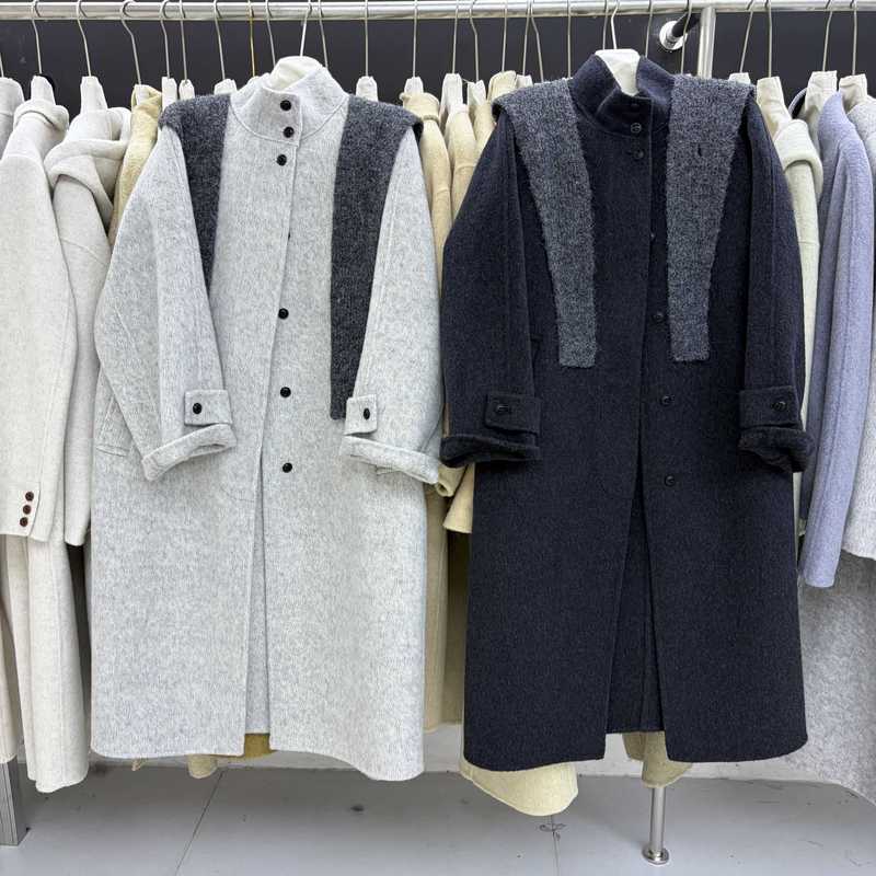26 New Autumn and Winter High-End Style Stand-Collar Double-Sided Wool Coat for Women, Long Woolen Coat with Elegant Hidden Zipper Shawl