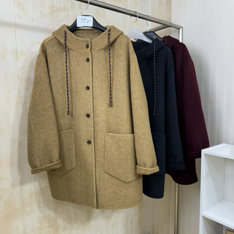 2026 New European Style Large Pocket Design Double-Sided Wool Coat for Women, Mid-Length Hooded Woolen Overcoat Trendy