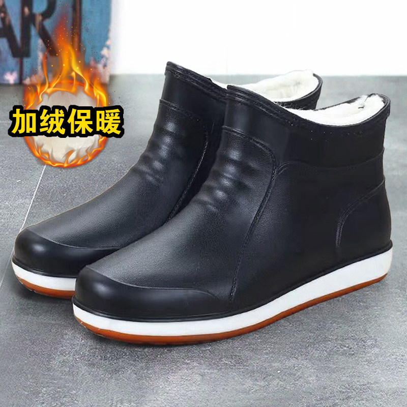 Short tube rain boots men's warm waterproof anti-slip fashion fishing work wear-resistant rubber shoes winter plus velvet rain boots water shoes