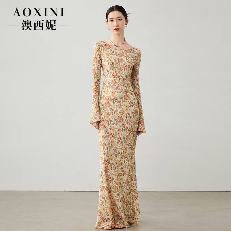 Floral Long Dress with 45-Degree Bias Cut, High-End, Ultra-Long, Fashionable Ankle-Length Fishtail Dress, 2026 Autumn Women's Long-Sleeved Dress Floral Long Dress with 45-Degree Bias Cut, High-End, Ultra-Long, Fashionable Ankle-Length Fishtail Dress, 2026 Autumn Women's Long-Sleeved Dress
