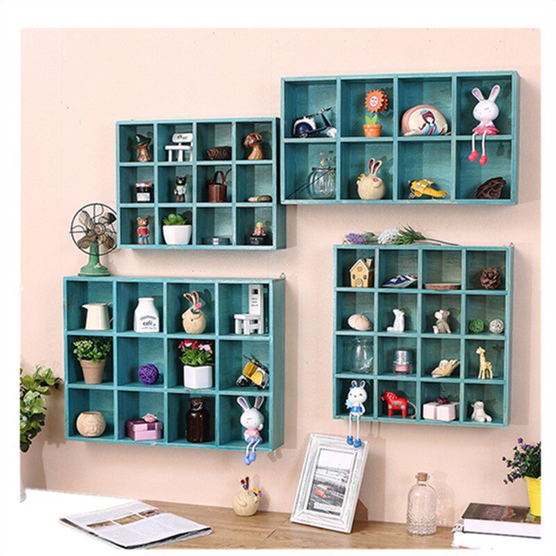 Perforated wall cabinet rack Wall solid wood lattice wall shelf Creative ornaments display stand Living room