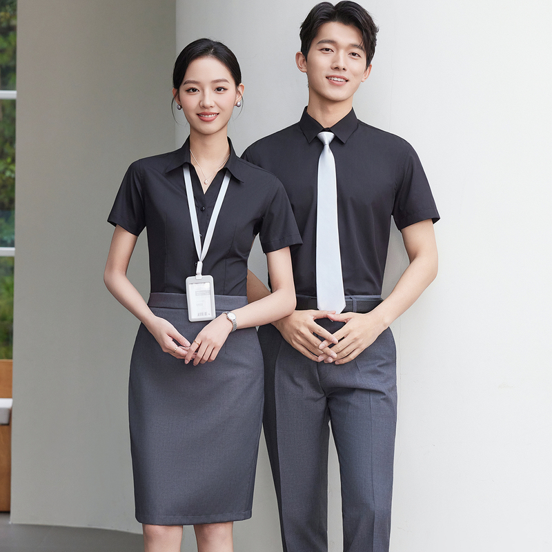 V-Neck Shirts for Men and Women, Business Formal Wear, Slim Fit Workwear, Black Short-Sleeved Shirts, Work Clothes, Professional Suits