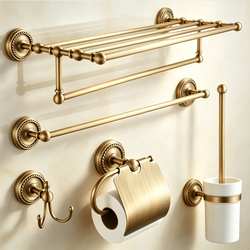 Retro Brass Towel Rack, All-Copper, No-Drill Bathroom Hardware, Towel Holder, Bathroom Storage Shelf