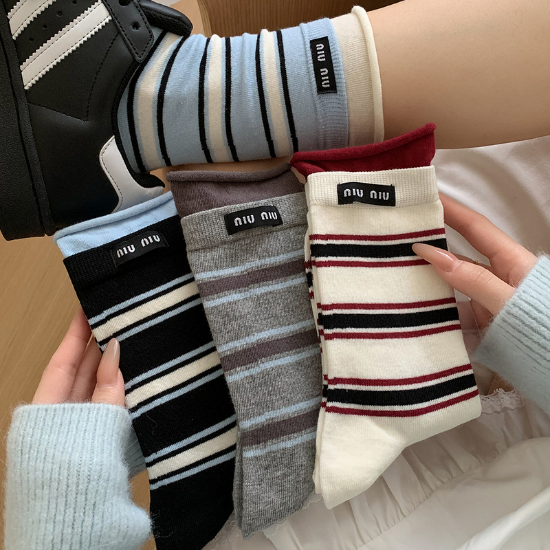 Striped Socks for Women, Mid-Calf Socks, Summer Thin Cotton Socks, Trendy Korean and Japanese Style, Sports Rolled-Edge Long Socks