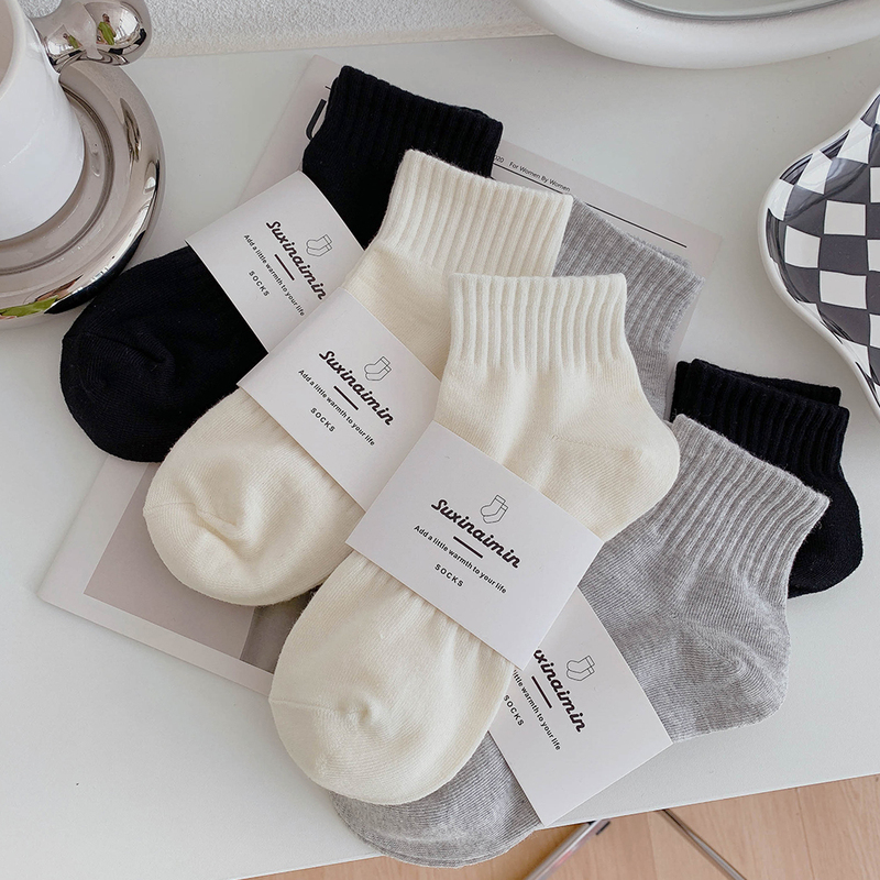 White Socks for Women, Short Socks, Thin Cotton Socks for Summer, Sports, Trendy Gray-Black Solid Color Short Socks, Summer Mid-Calf Socks