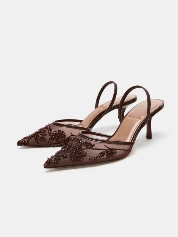 Za2026 Summer New Style Embroidered Shiny Mesh Slingback Pointed Toe High Heels with Back Strap Sexy Stiletto Sandals for Women