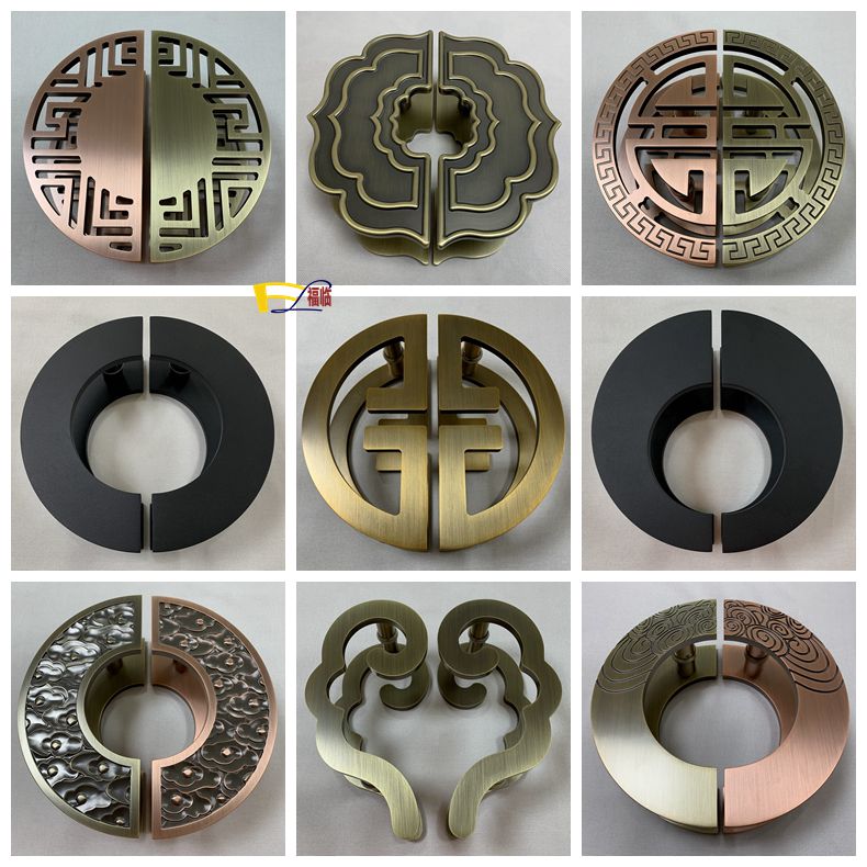 Chinese antique door handle Semicircular glass door handle Bronze hollow wood door handle Xiangyun black modern