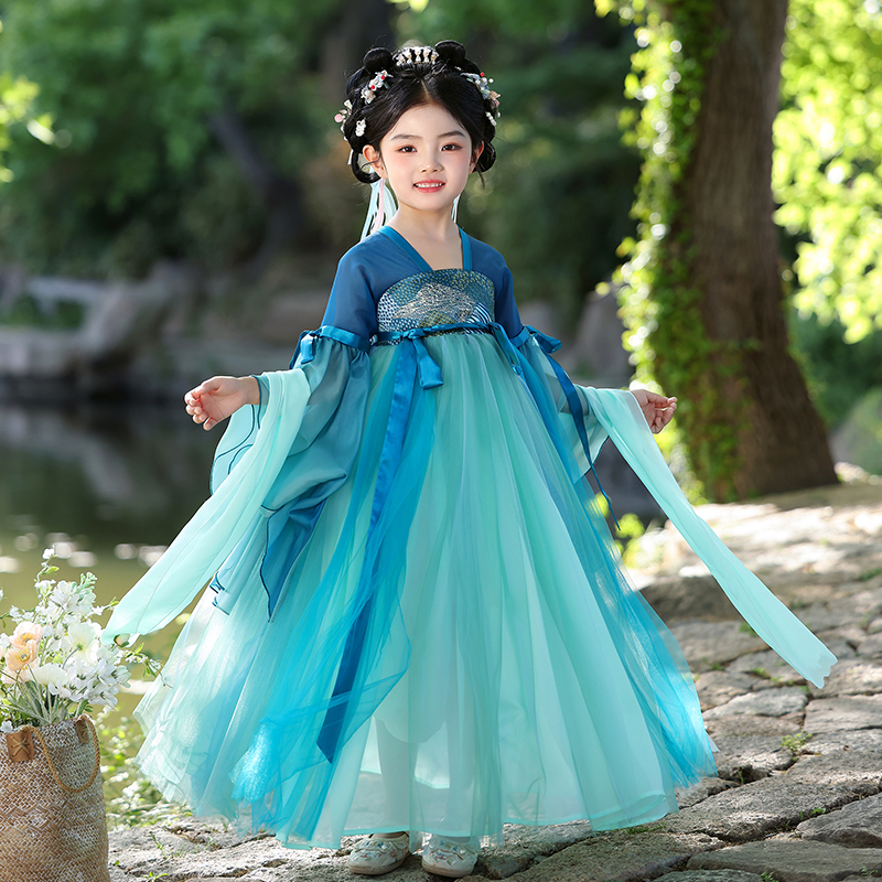 Girls' Qingyao Ancient-Style Hanfu Dress with Flowing Wide Sleeves, Ethereal Summer Thin Children's Tang Suit Performance Costume