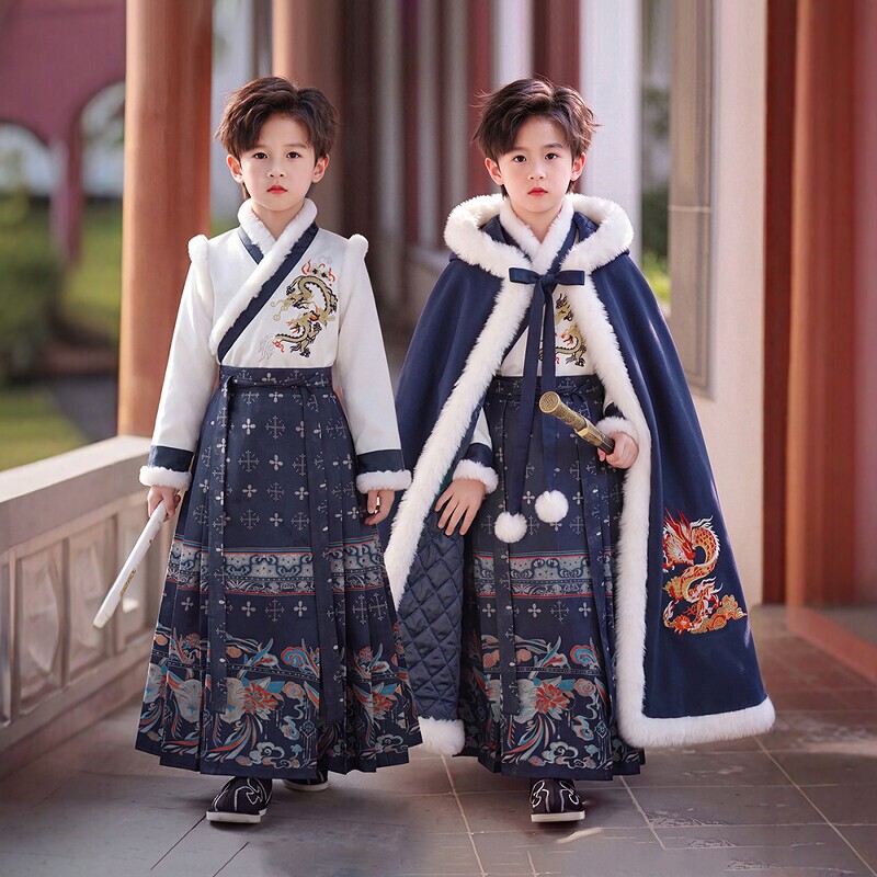 Children's Ming Dynasty Hanfu 2026 Winter New Style Chinese Style Thickened Boys' Ancient Costume New Year Outfit Horse Face Skirt Set Children's Ming Dynasty Hanfu 2026 Winter New Style Chinese Style Thickened Boys' Ancient Costume New Year Outfit Horse Face Skirt Set
