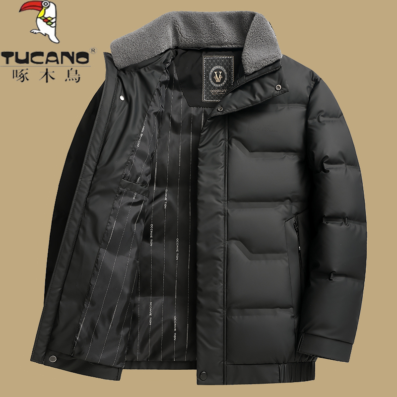Winter down Jacket for Men, Thickened with Lamb Wool Collar, Short Style, White Duck Down, Winter Coat for Middle-Aged and Elderly Dads