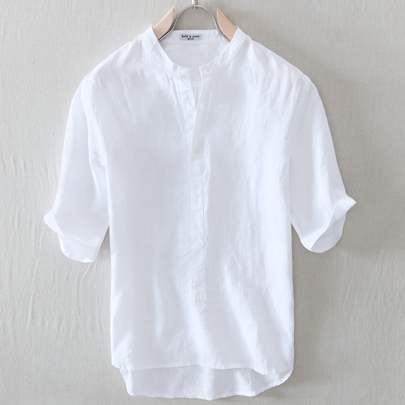 夏用薄手ノーカラーリネン半袖メンズTシャツ、ゆったりラウンドスタンドカラー、ユース向け半袖コットンリネンシャツトップ、ホワイトTシャツ