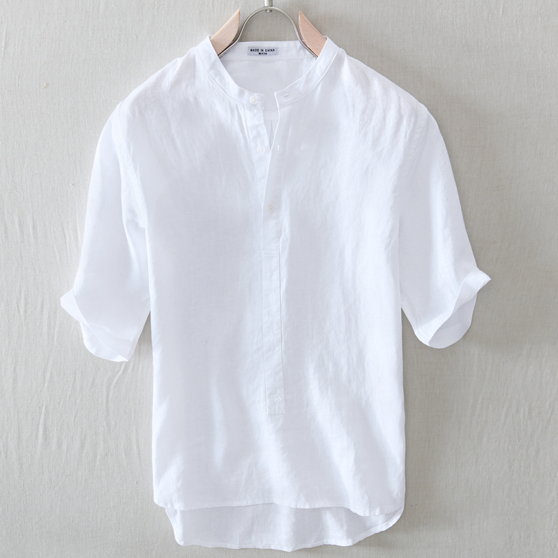 Summer Thin Collarless Linen Short-Sleeve Men's T-Shirt Loose Round Stand Collar Youth Half-Sleeve Cotton-Linen Shirt Top White t Summer Thin Collarless Linen Short-Sleeve Men's T-Shirt Loose Round Stand Collar Youth Half-Sleeve Cotton-Linen Shirt Top White t