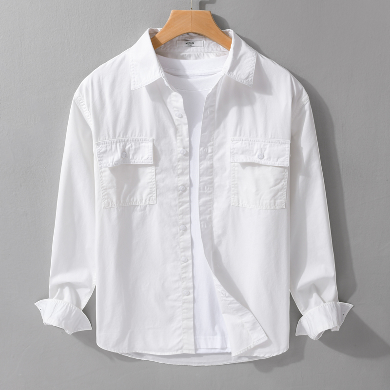 Japanese-Style Workwear Double-Pocket Pure Cotton Casual Long-Sleeve Shirt for Men, Versatile Spring and Autumn Shirt Jacket, Trendy Simple Thin Shirt