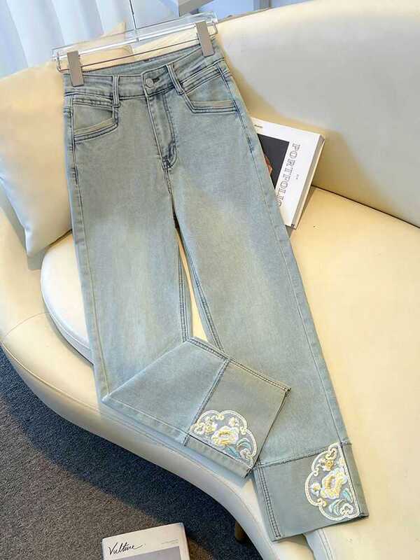 New Chinese-Style Cigarette Pants for Women, Summer 2026 New Model, Cropped Length for Petite Figures, Patchwork with Traditional Chinese Embroidery, Straight-Leg Pants