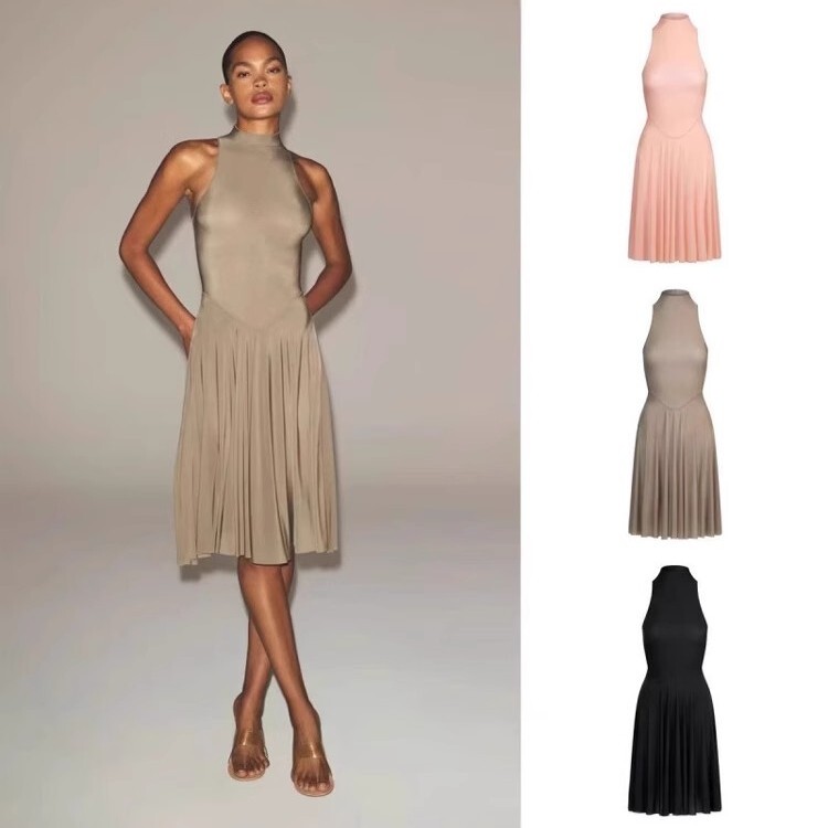 New Skims Milky Sheer High Neck Midi Dress High-Neck Sleeveless Pleated Dress New Skims Milky Sheer High Neck Midi Dress High-Neck Sleeveless Pleated Dress