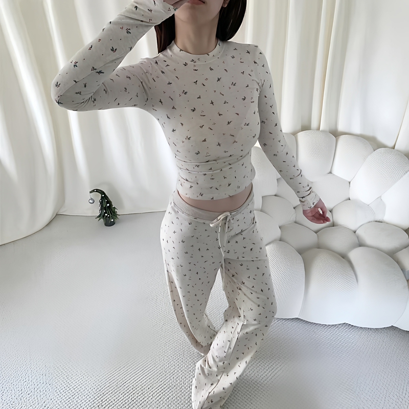 Skims Online Store Floral Long-Sleeve Top and Pants Christmas Limited Edition New Slim-Fit Fashion Set Kardashian