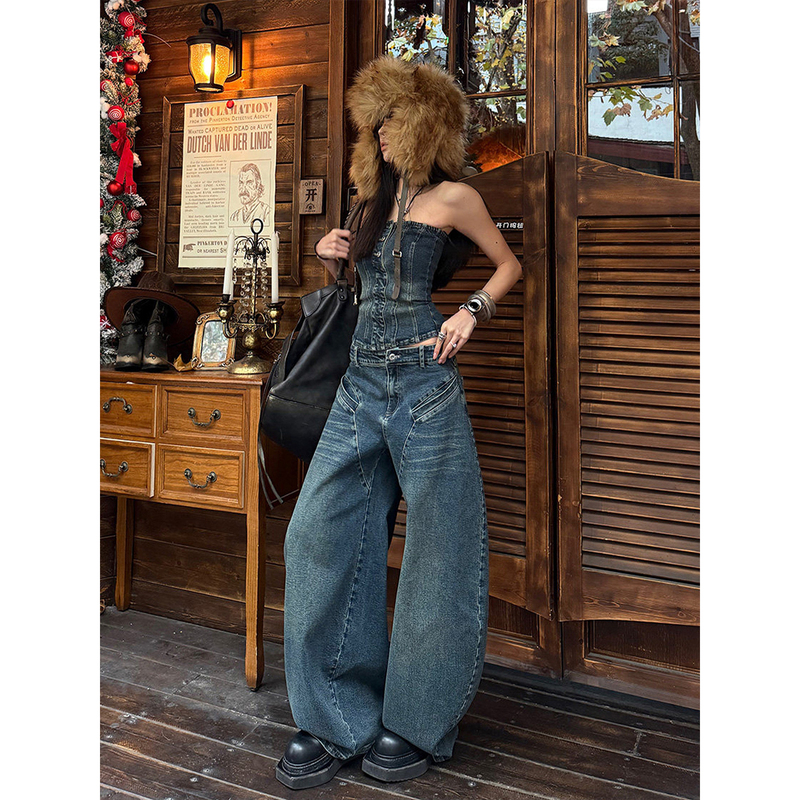 Hong Kong Style High-End Fashion Women's Summer Sleeveless Slim Denim Vest High-Waisted Straight Wide-Leg Pants Hot Girl Two-Piece Set