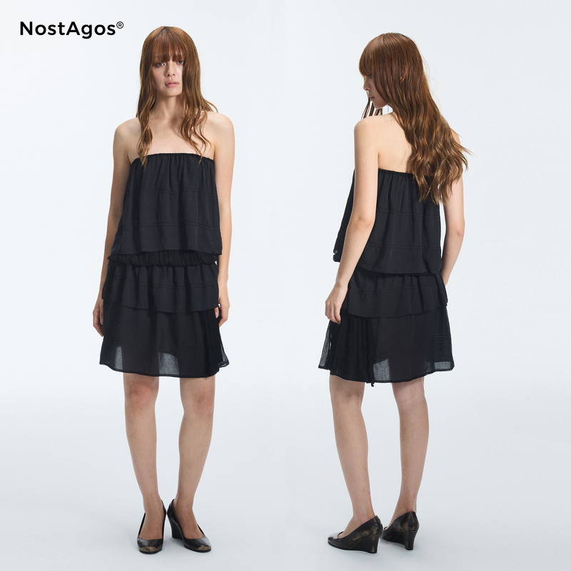 Nost Agos Black Matte Fine Pleated Tulle Patchwork Layered Elastic Waist Lace Patchwork Strapless Dress