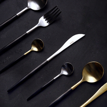 Gold brushed black stainless steel western tableware set dessert spoon coffee spoon handle steak knife and fork spoon