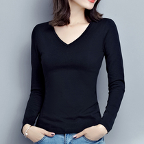 Black V-collar base shirt women long sleeve autumn and winter 2021 new foreign style chicken heart collar T-shirt tight cotton top
