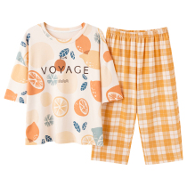 Homewear short-sleeved cropped pants pajamas women summer cotton size 200 pounds tops homewear can be worn outside a single piece