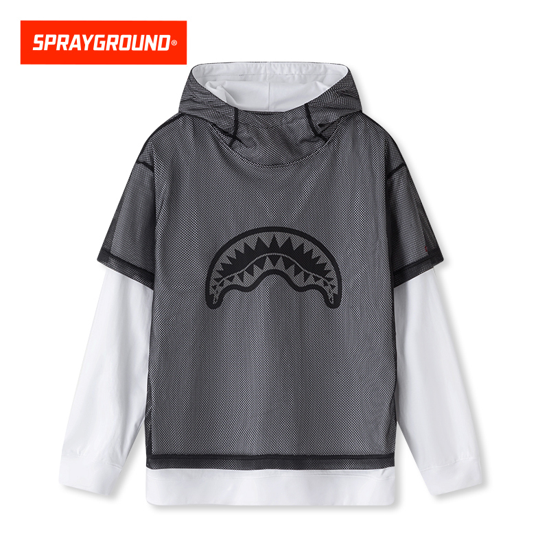 Sprayground Shark Mouth Mesh Fake Two-Piece Space Collar Hooded Sweatshirt Men's Spring Trendy Brand Pullover Hoodie