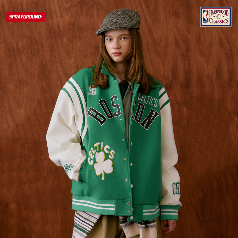 Sprayground丨Nba Hwc Co-Branded Boston Celtics Baseball Jacket for Men and Women, Loose-Fitting Autumn Jacket