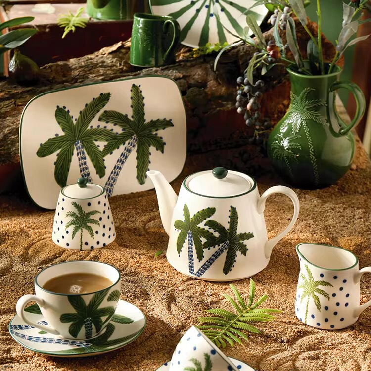 Tropical Rainforest Underglaze Hand-Painted Coconut Tree Rectangular Plate Creative Steak Plate Dessert Cake Plate Water Cup Mug