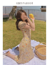 French floral dress waist thin temperament square collar high-end sexy little man retro medium long skirt