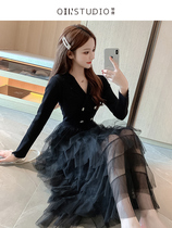 Suit fake two-piece dress 2021 new summer dress temperament high-grade V-neck knitted stitching mesh cake skirt