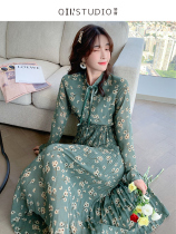 2021 autumn new dress women waist slim niche design warm soft style French print floral dress