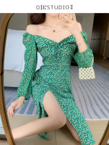 One-character shoulder skirt square collar skirt French blue socialite wind floral sexy waist slim split drawstring dress women