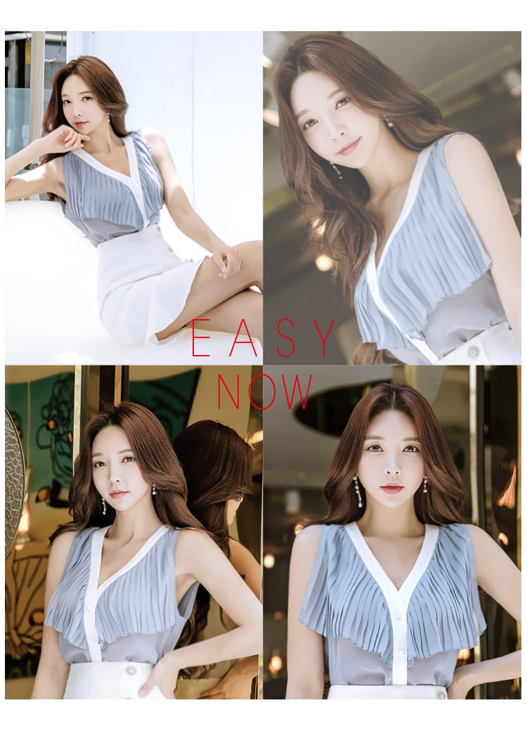 VK旗艦店 韓系氣質雪紡上衣包臀紐扣裝飾半身裙套裝短袖裙裝