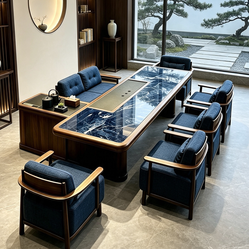 Modern High-End Light Luxury Black Walnut Tea Table and Chair Set, Office Reception Solid Wood Slate Tea Table, Simple Furniture
