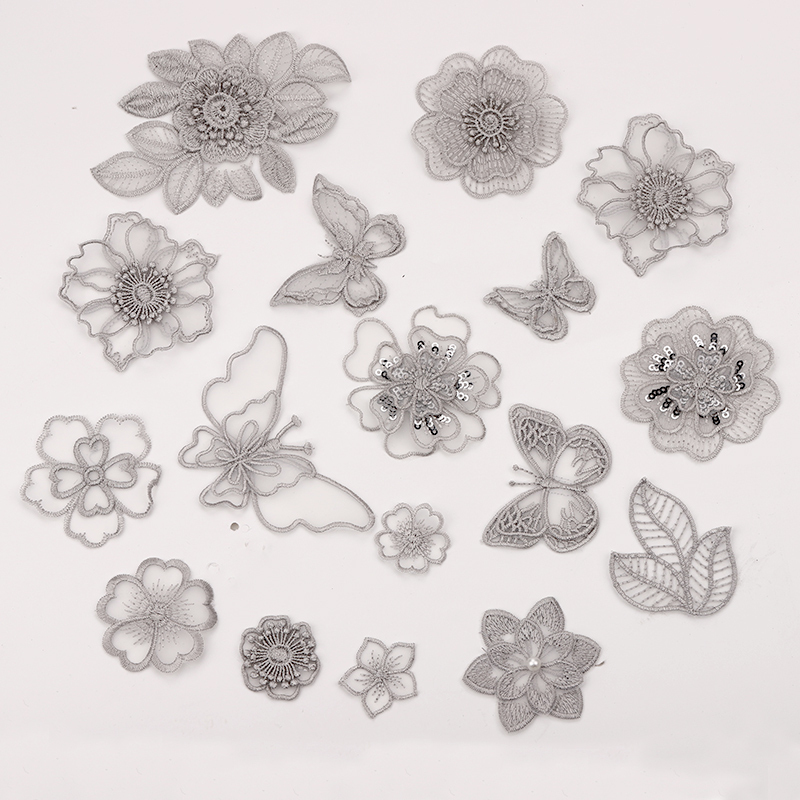 Gray Lace Patch, Transparent Mesh Embroidery Patch, Clothing Decoration, Hole Repair Patch, Flower and Butterfly Pattern Patch