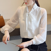 2021 Spring and Autumn New Korean slim temperament wave dot chiffon shirt women bow white base long sleeve shirt