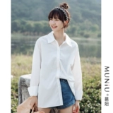Белая осенняя хлопковая рубашка для отдыха, в корейском стиле, оверсайз, защита от солнца