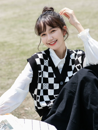 Шахматы, трикотажный демисезонный жилет, ретро короткий свитер, майка топ, V-образный вырез