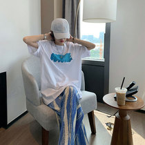 2021 Autumn New High waist wide leg pants set women Summer thin fashion White short sleeve t-shirt two-piece set