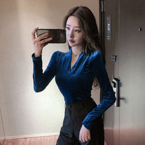 Early autumn V collar gold velvet beating undershirt female inner lap winter 2021 new slim fit long sleeve t-shirt sexy blouse
