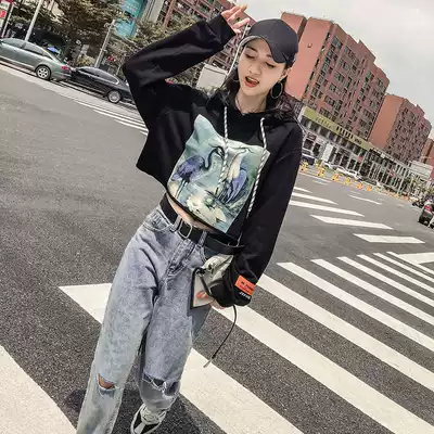 Black hooded sweatshirt women's loose autumn 2021 new long sleeve Net red thin super fire cec coat top