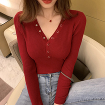 Early autumn V-neck knitwear women 2021 new autumn and winter with clavicle sexy tight slim French top