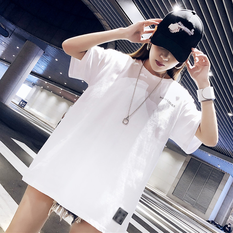 White Short Sleeve Tidal Fitting Summer Pure Cotton Medium Long Version Loose Foreign Pie Hip Half Sleeves Net Red Blouse hip Hins Chains Chains