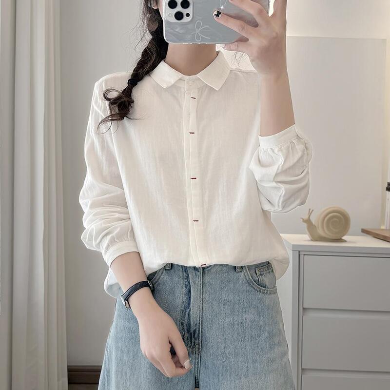 Spring and Autumn New Style Pure Cotton Double-Layer Cotton Gauze Design Square Collar Casual Shirt Women's Long-Sleeved Loose Artistic Shirt Trendy