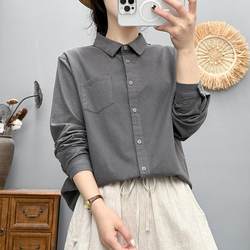 Spring and Autumn New Brushed Cotton Women's Shirt with Single Pocket, Turn-Down Collar, Long Sleeves, Layered Casual Loose Shirt Top, Slimming Effect
