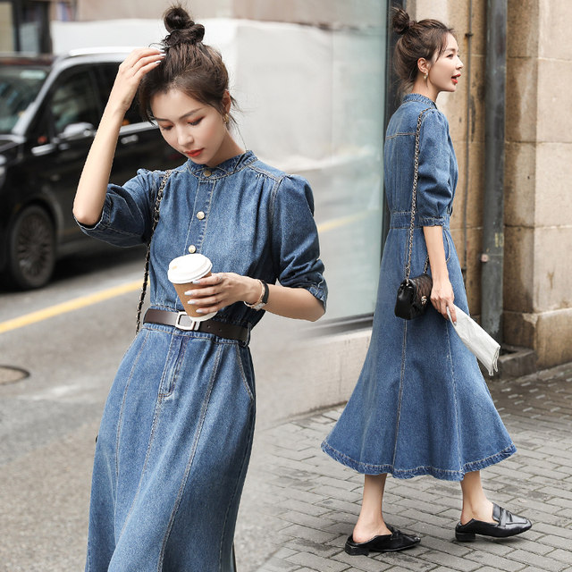 European high-end temperament denim skirt dress tide 2023 spring and summer fashion three-quarter sleeves age-reducing slim knee-length skirt