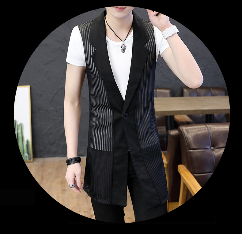 Mùa xuân hè 2019 áo vest nam mới dài phần phiên bản Hàn Quốc của chiếc áo choàng tự tạo cá tính áo gió rỗng tóc stylist áo choàng đêm - Dệt kim Vest áo len không tay