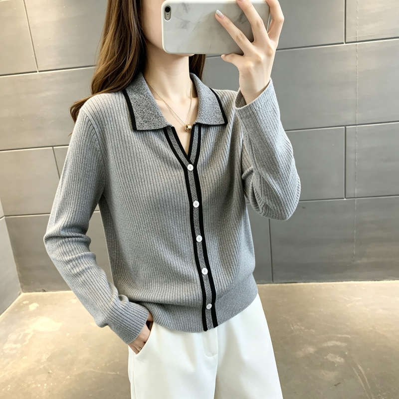 Autumn Women's Unique and Beautiful Thin Knit Sweater with a Turn-Down Collar, 2026 New Model, Gray Base Shirt for Spring and Autumn Autumn Women's Unique and Beautiful Thin Knit Sweater with a Turn-Down Collar, 2026 New Model, Gray Base Shirt for Spring and Autumn