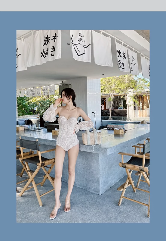 Aimuhu bikini mới tam giác dài tay lệch vai che bụng là áo tắm ren mỏng gợi cảm bikini nữ - Bộ đồ bơi One Piece