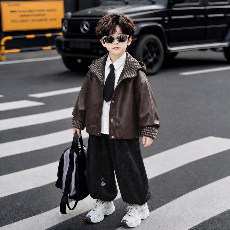 Boys' Motorcycle Hooded Leather Jacket 2026 New Style Kidsren's Korean Style Casual Top Boys' Loose and Stylish Jacket Boys' Motorcycle Hooded Leather Jacket 2026 New Style Kidsren's Korean Style Casual Top Boys' Loose and Stylish Jacket